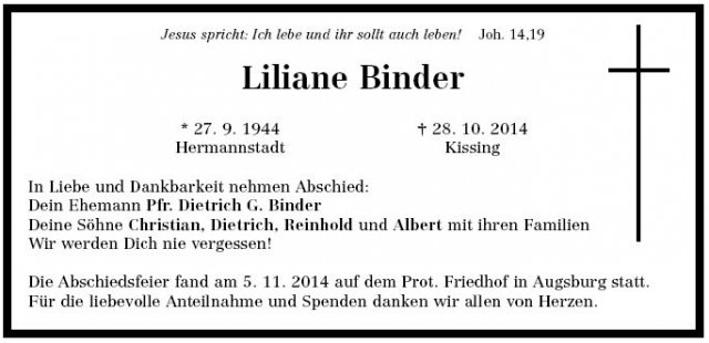 Binder Liliane 1944-2014 Todesanzeige